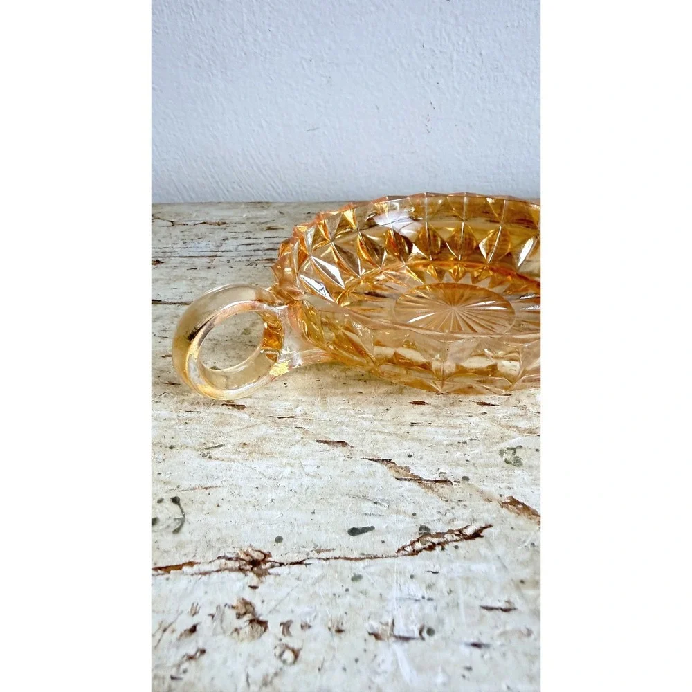 Vintage Peach Luster Glass Nappy Dish Diamond Point Amber Iridescent Bowl CSGC